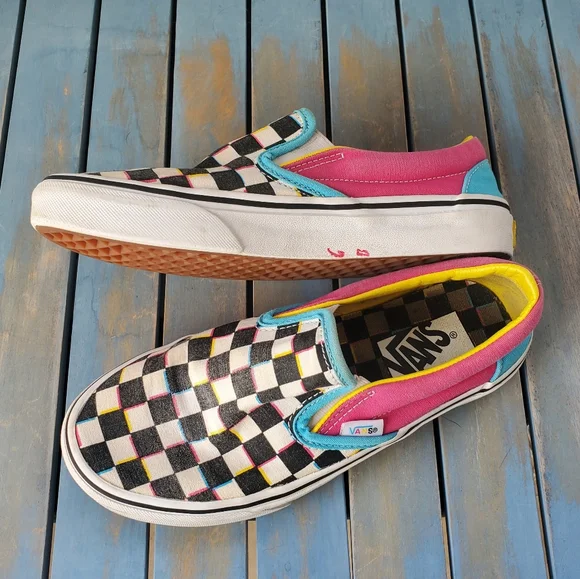 VANS Checkerboard Slip-On Black White Pink Blue Yellow Women's Size 6 - Picture 5 of 10
